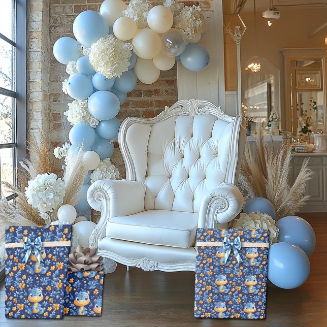 Papel De Presente Dinossauro Bebê Azul Flores Amarelas & Azuis (Criador carregado)