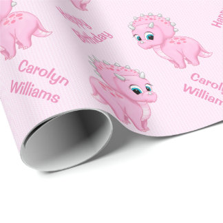 Papel De Presente Dinossauro bonito do Triceratops do rosa de bebê