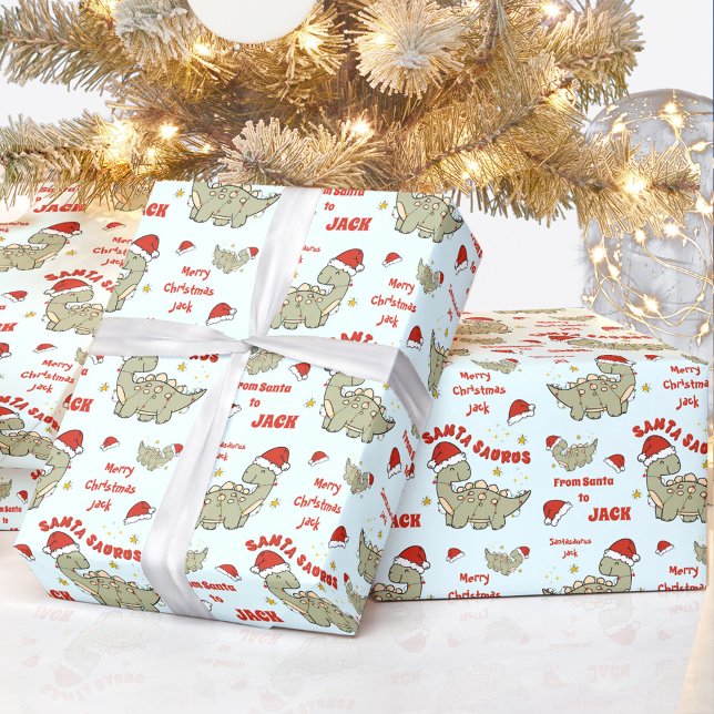 Papel De Presente Dinossauro de Natal bonito Santasaurus Nome Azul (Cute Christmas Dinosaur Santasaurus Blue Name Wrapping Paper)