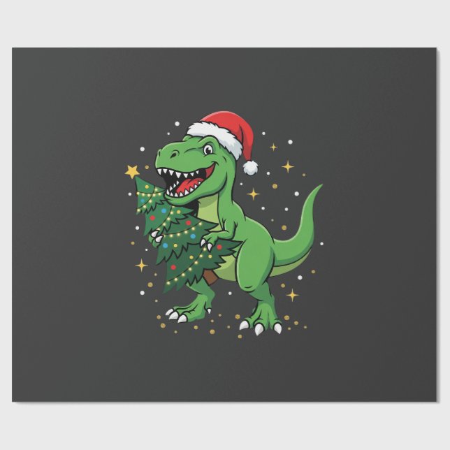Papel De Presente Dinossauro de Natal Papai Noel T Rex (Aberto)