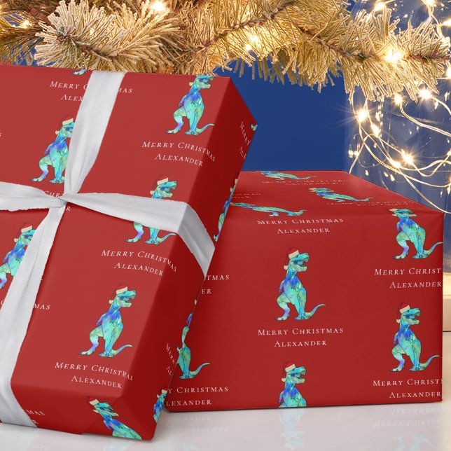 Papel De Presente Dinossauro de Natal T-Rex Crianças Personalizadas  (Personalized merry christmas dinosaur red holiday gift wrap Colorful festive T-Rex Jurassic dino)