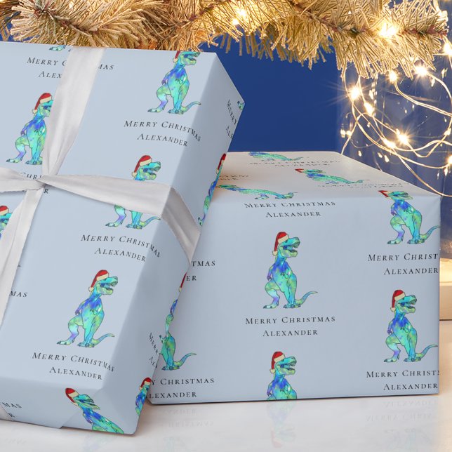 Papel De Presente Dinossauro de Natal T-Rex Personalizado Blue (Dinosaur Christmas funny T-rex Santa personalized boy name blue holiday gift wrapping paper )