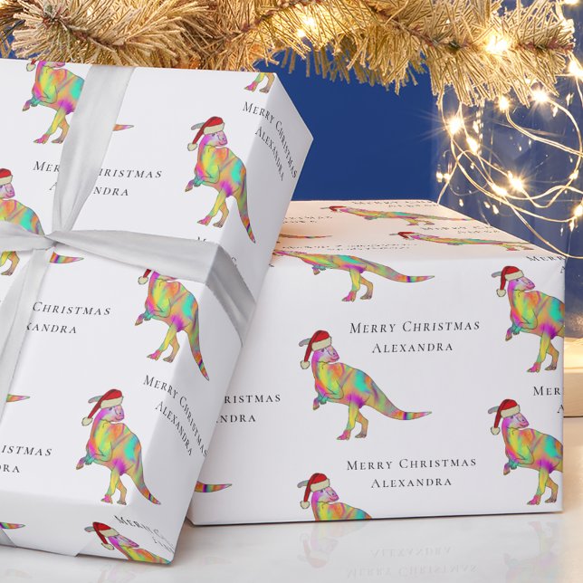 Papel De Presente Dinossauro Feliz Natal Nome de Menina Personalizad (Personalized girl name merry Christmas dinosaur parasaurolophus wrapping paper Watercolor dino Santa)