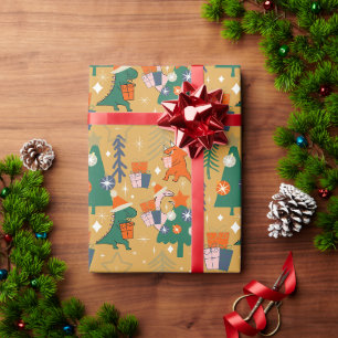 Papel De Presente Dinossauro Festa de Natal Amarelo
