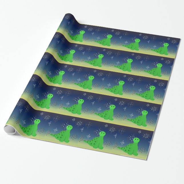 Papel De Presente Dinossauro Fofo com Flocos de Neve (Desenrolado)