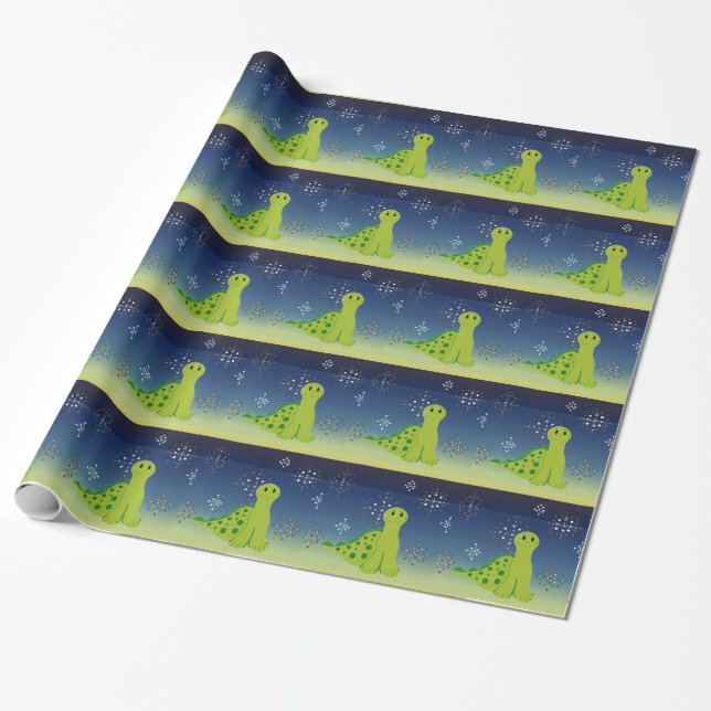 Papel De Presente Dinossauro Fofo com Flocos de Neve (Desenrolado)