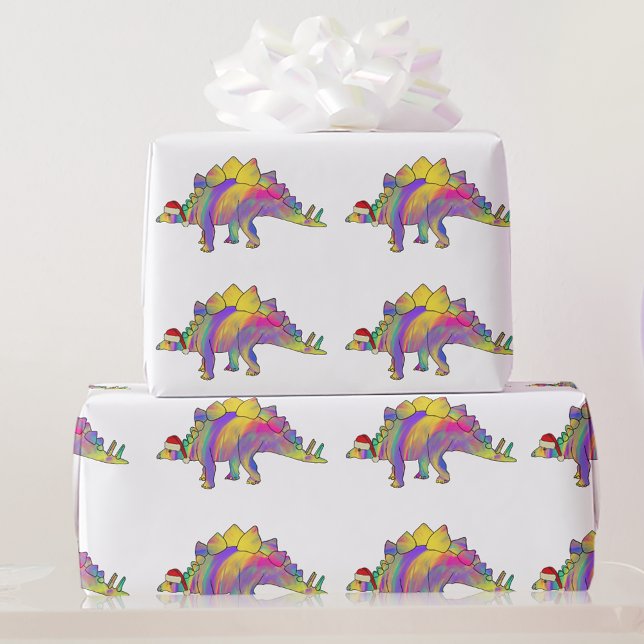 Papel De Presente Dinossauro Natalino Colorido Fofo (Kids cute stegosaurus dinosaur christmas wrapping Colorful rainbow watercolor festive dino pattern)