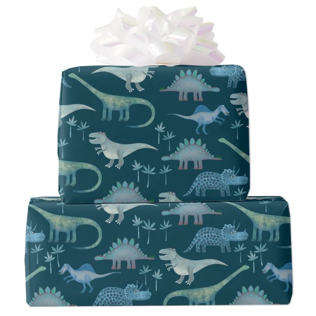 Papel De Presente Dinossauro Padrão Verde (Fun dinosaur gift wrapping paper roll)