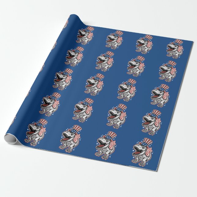 Papel De Presente Dinossauro Patriótico Americano (Desenrolado)