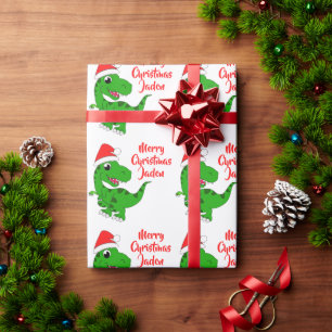 Papel De Presente Dinossauro Santa Hat, Feliz Natal Personalizado