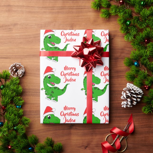 Papel De Presente Dinossauro Santa Hat, Feliz Natal Personalizado (Presente de Natal)