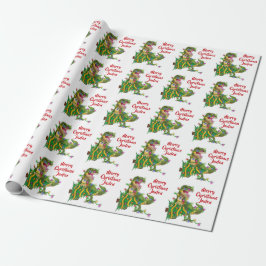 Papel De Presente Dinossauro Santa Hat, Feliz Natal Personalizado