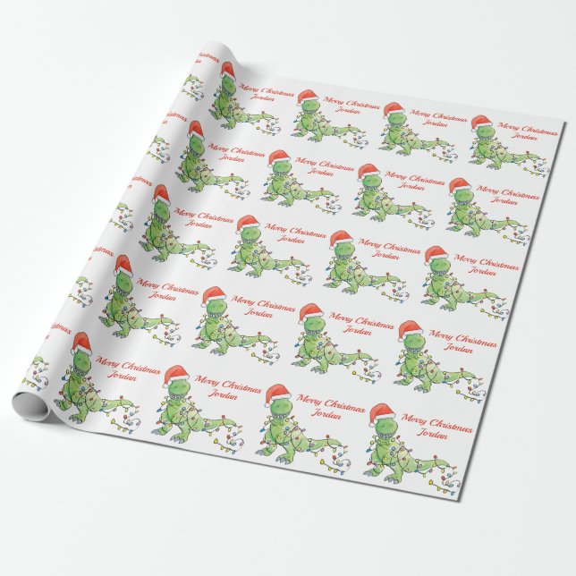 Papel De Presente Dinossauro Santa Hat, Feliz Natal Personalizado (Desenrolado)