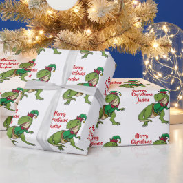 Papel De Presente Dinossauro Santa Hat, Feliz Natal Personalizado