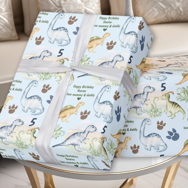 Papel De Presente Dinossauro T rex Blue Boy Aniversário (Dinosaur T rex Blue Boy Birthday Name Wrapping Paper)