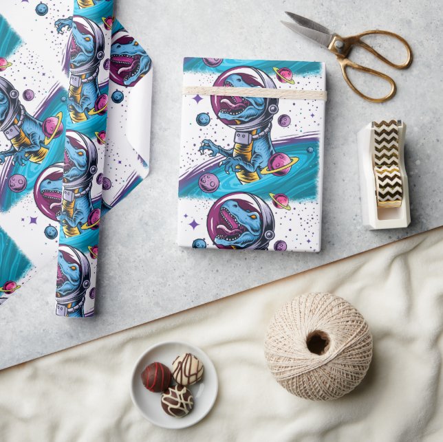 Papel De Presente Dinossauro T-Rex Engraçado no Espaço (Artesanato)