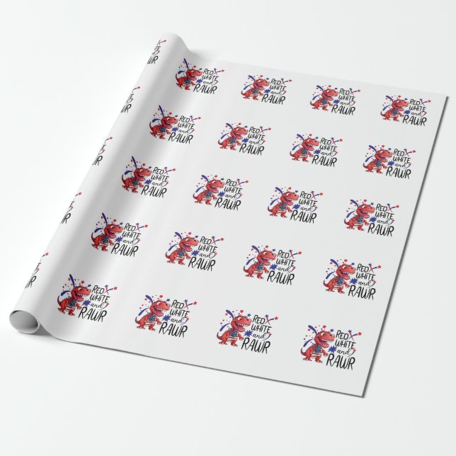 Papel De Presente Dinossauro Vermelho Branco Ocidental (Desenrolado)