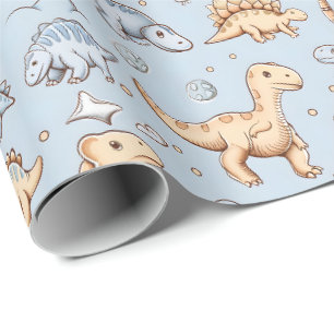 Papel De Presente Dinossauros bebês em azul