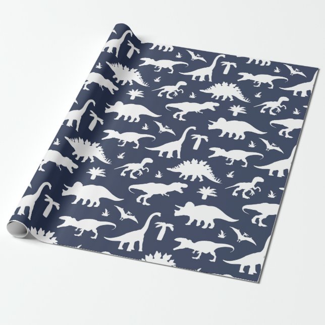 Papel De Presente Dinossauros Cachorros Dinos Padrão em Azul e Branc (Desenrolado)