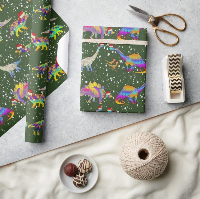 Papel De Presente Dinossauros com Chapéus de Papai Noel Natal (Artesanato)