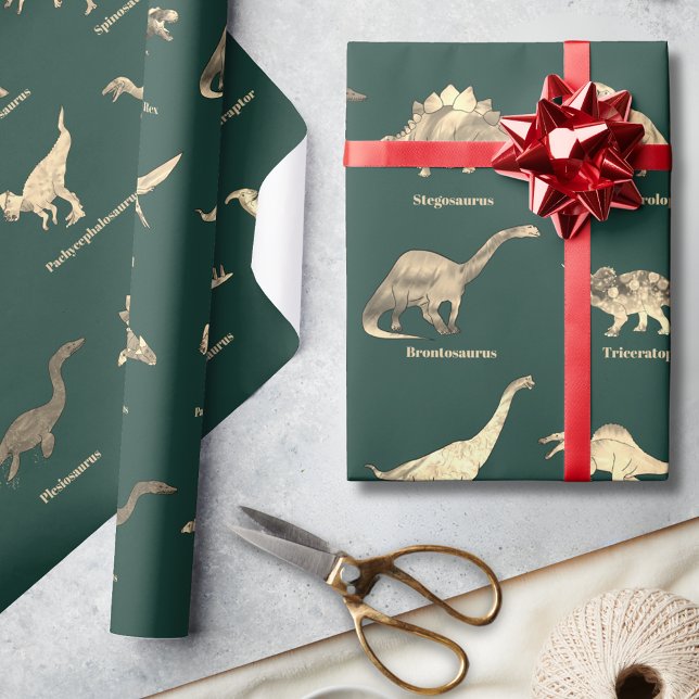 Papel De Presente Dinossauros Com Nomes Padrão Verde (Dinosaurs with names green wrapping paper for dino lovers)