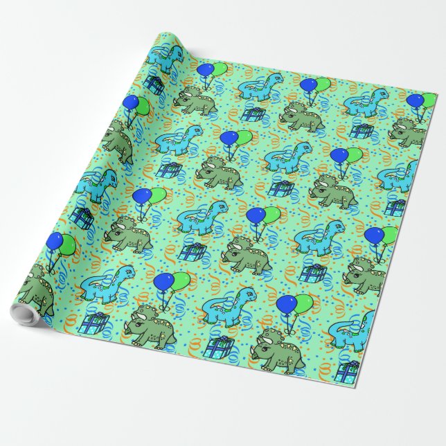 Papel De Presente Dinossauros Confetti Azul e Verde Aniversário (Desenrolado)