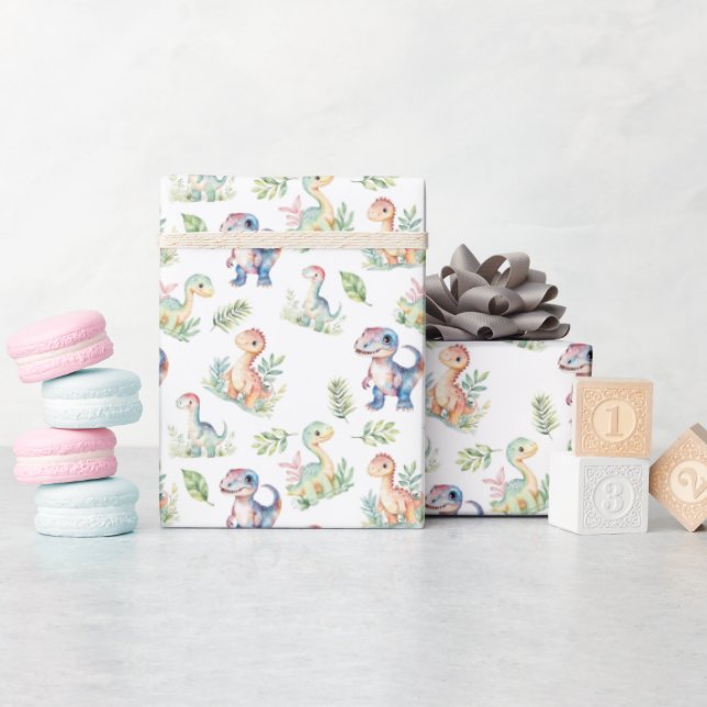 Papel De Presente Dinossauros de Aquarela em Branco (Chá de bebê)