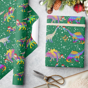 Papel De Presente Dinossauros de Natal com Chapéus de Papai Noel Fof