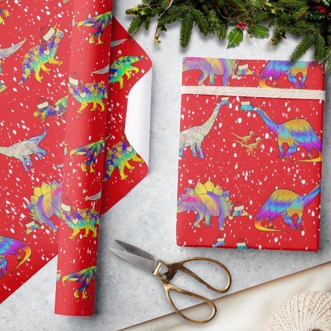 Papel De Presente Dinossauros de Natal usando Chapéus de Papai Noel  (Christmas dinosaurs wearing Santa hats pattern red holiday wrapping paper)