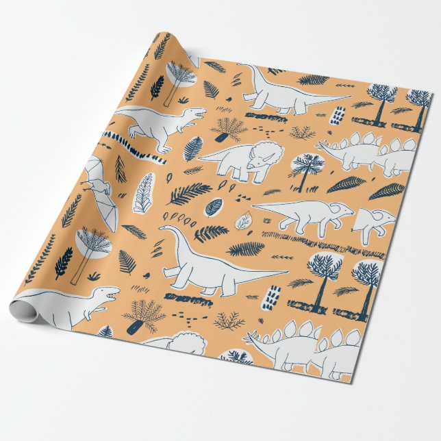Papel De Presente dinossauros engraçados com padrão de folhas de pal (Desenrolado)