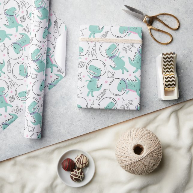 Papel De Presente Dinossauros Espaciais, Dinossauros Cutos, Navio Es (Artesanato)