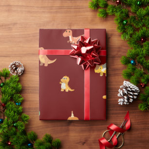 Papel De Presente Dinossauros Fofos Minimalistas Planos em Vermelho