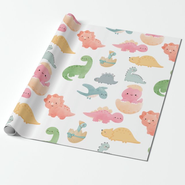 Papel De Presente Dinossauros lindos e multicoloridos para crianças  (Desenrolado)