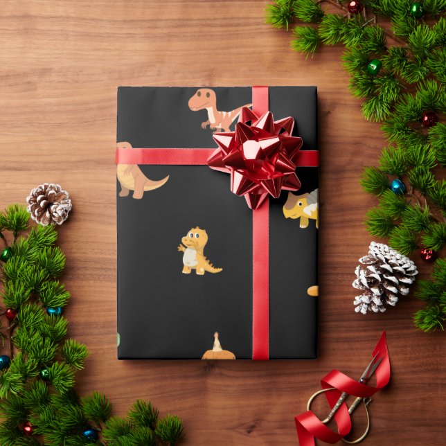 Papel De Presente Dinossauros Mínimos Planos em Preto (Presente de Natal)