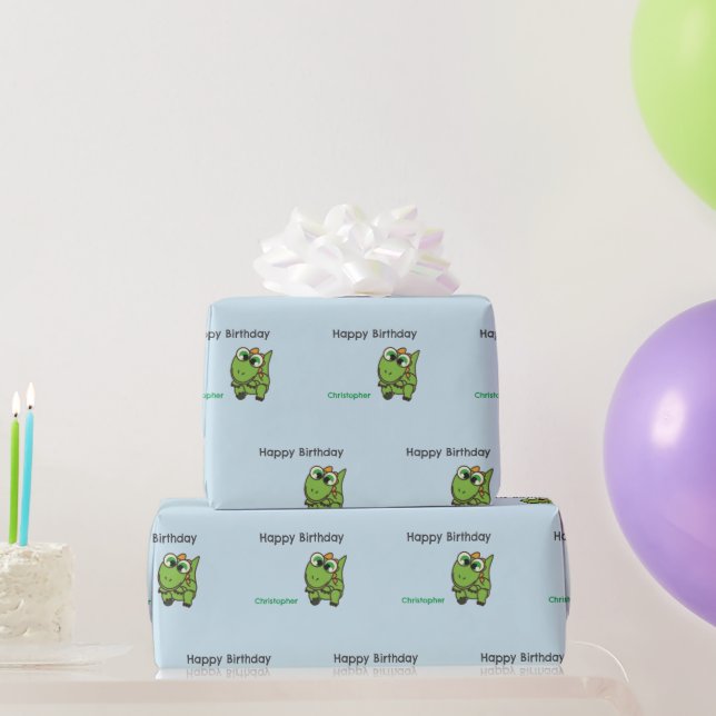 Papel De Presente Dinossauros verdes personalizados, aniversário azu (Presentes para festas)