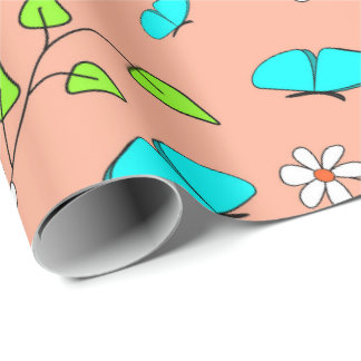 Papel De Presente Dísias e Borboletas Coral e Turquesa