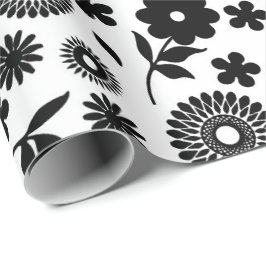 Papel De Presente Disias Florais Pretas E Brancas Padrão Invisível
