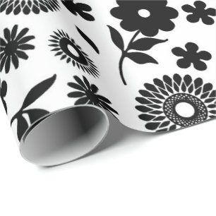 Papel De Presente Disias Florais Pretas E Brancas Padrão Invisível