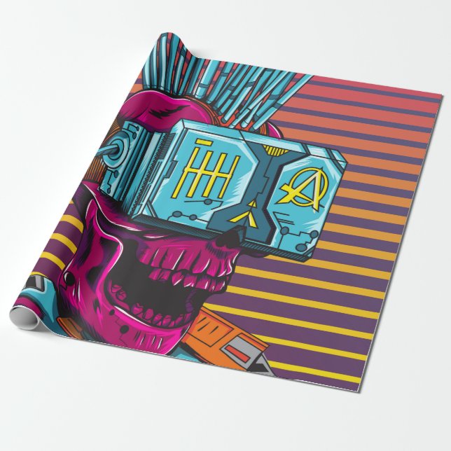 Papel De Presente Disquete Cyberpunk de Realidade Virtual CyberSkull (Desenrolado)