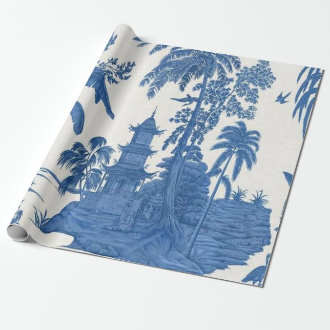 Papel De Presente Dissociação de Chinoiserie Azul e Branco Chinês (Desenrolado)