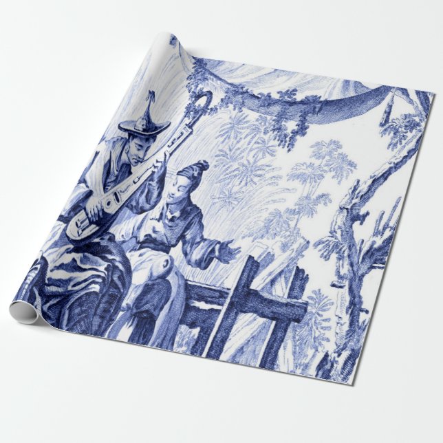Papel De Presente Dissociação de Chinoiserie Azul e Branco Chinês (Desenrolado)