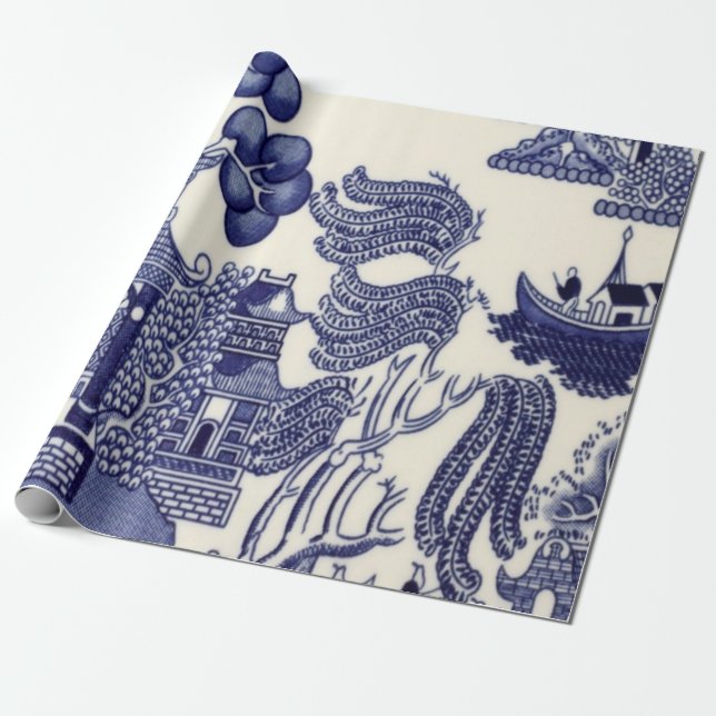 Papel De Presente Dissociação de Chinoiserie Azul e Branco Chinês (Desenrolado)