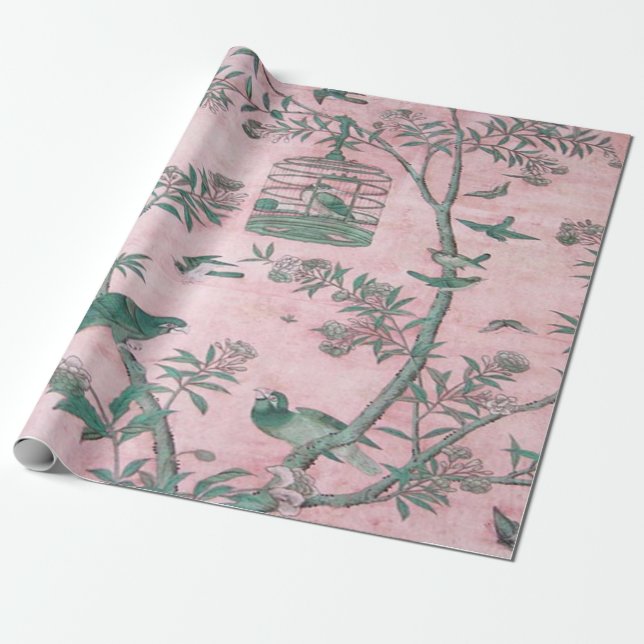 Papel De Presente Dissociação de pássaros de Chinoiserie Rosa (Desenrolado)
