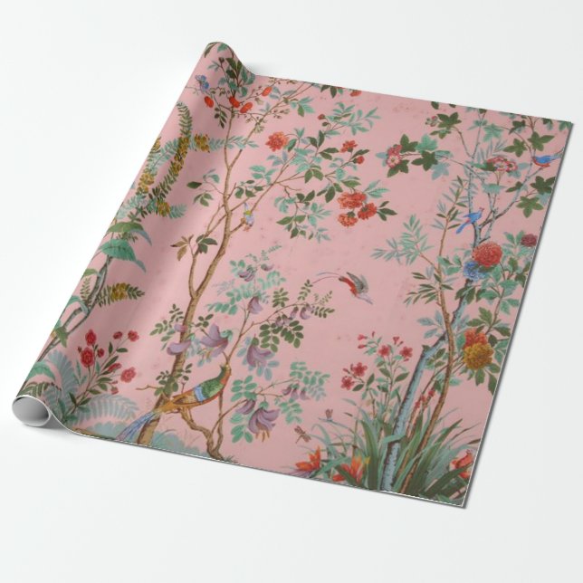Papel De Presente Dissociação Elegante Floral de Pássaro Chinoiserie (Desenrolado)