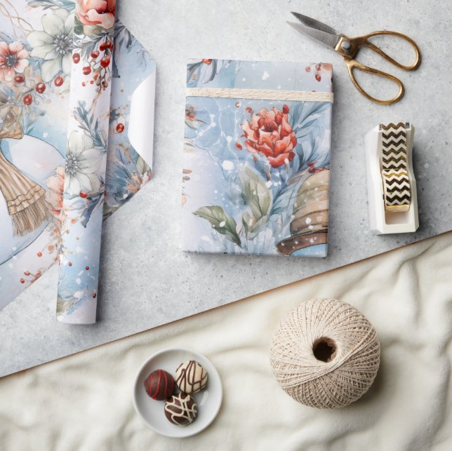 Papel De Presente Dissociação Festiva Festiva Floral Snowman (Artesanato)