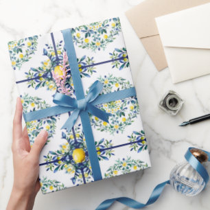 Papel De Presente Dissociação Floral Azul e Branco, Azulejo Italiano