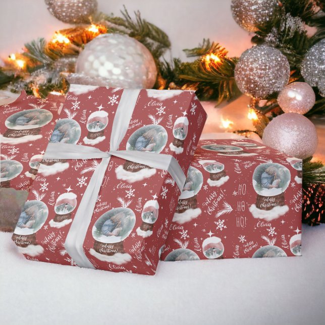 Papel De Presente Diversão alegre da ilustração de Natal do snowglob (Fun merry Christmas illustration photo snowglobe Wrapping Paper red)