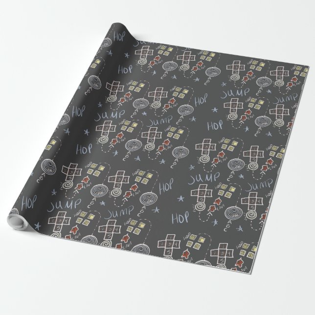 Papel De Presente Diversão Amarelinha Educacional Giz Padrão Cinza C (Desenrolado)