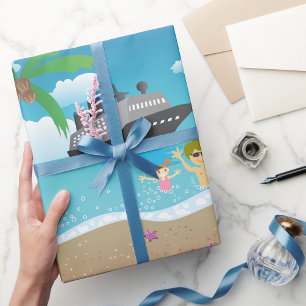 Papel De Presente Diversão Cruzeiro de Família Tropical na Praia