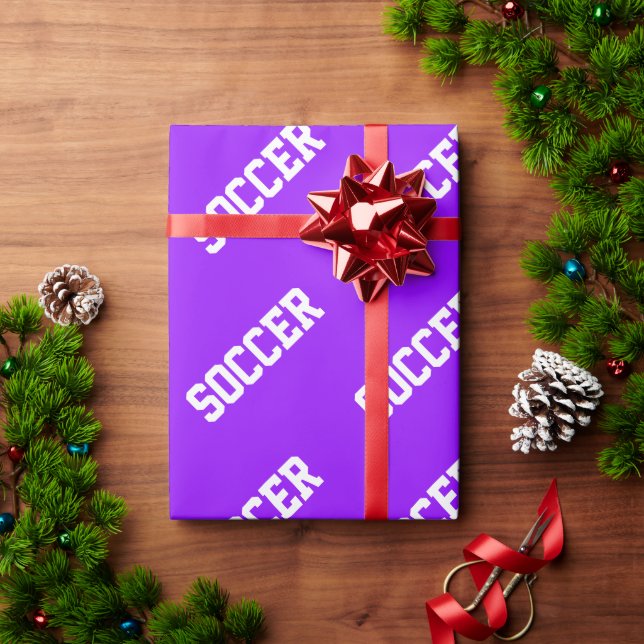 Papel De Presente Diversão Diagonal Texto de FUTEBOL Branco em Roxo  (Presente de Natal)
